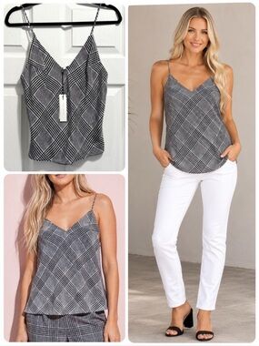 NWT Fleur Du Mal 100% Silk Camisole Black White Plaid Prince of Wales Top Sz XS